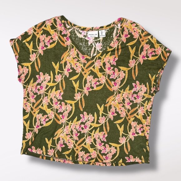 Rachel Zoe Linen Floral Top Green Pink Short Sleeve V Neck Blouse Size Large - Picture 8 of 8